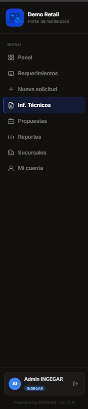 Menú del portal del cliente Demo Retail con su nombre e ícono propios y las secciones Panel, Requerimientos, Nueva solicitud, Informes técnicos, Propuestas, Reportes, Sucursales y Mi cuenta.