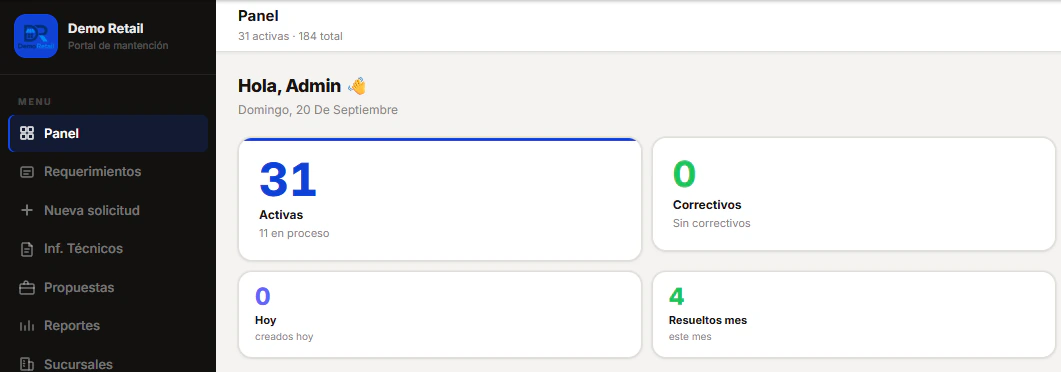 Panel web de INGEGAR One para un cliente: menú lateral con el nombre del cliente e indicadores de solicitudes activas, correctivos, creadas hoy y resueltas en el mes.