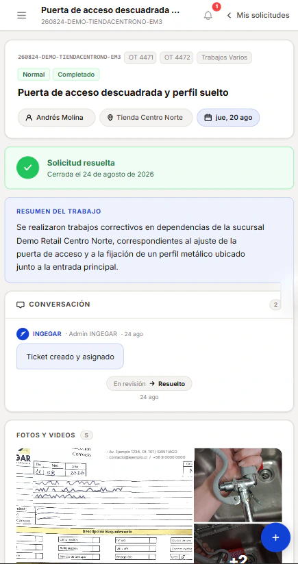 Detalle de una solicitud resuelta en el teléfono: código de ticket, órdenes de trabajo, técnico y sucursal asignados, resumen del trabajo, conversación y mosaico de fotos de la visita.